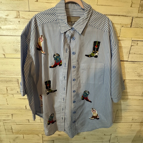 Double D Ranch Tops - Double D Ranch Blue Striped Shirt with Embroidered Designs